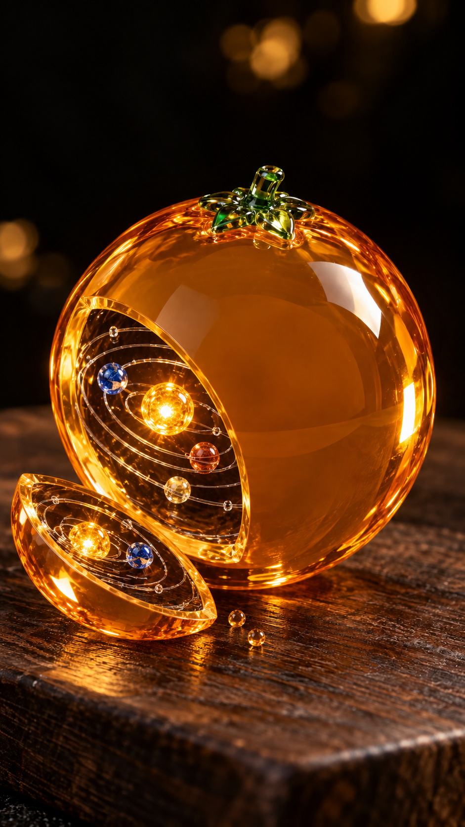 Cut citrine glass orange showing a miniature solar system inside