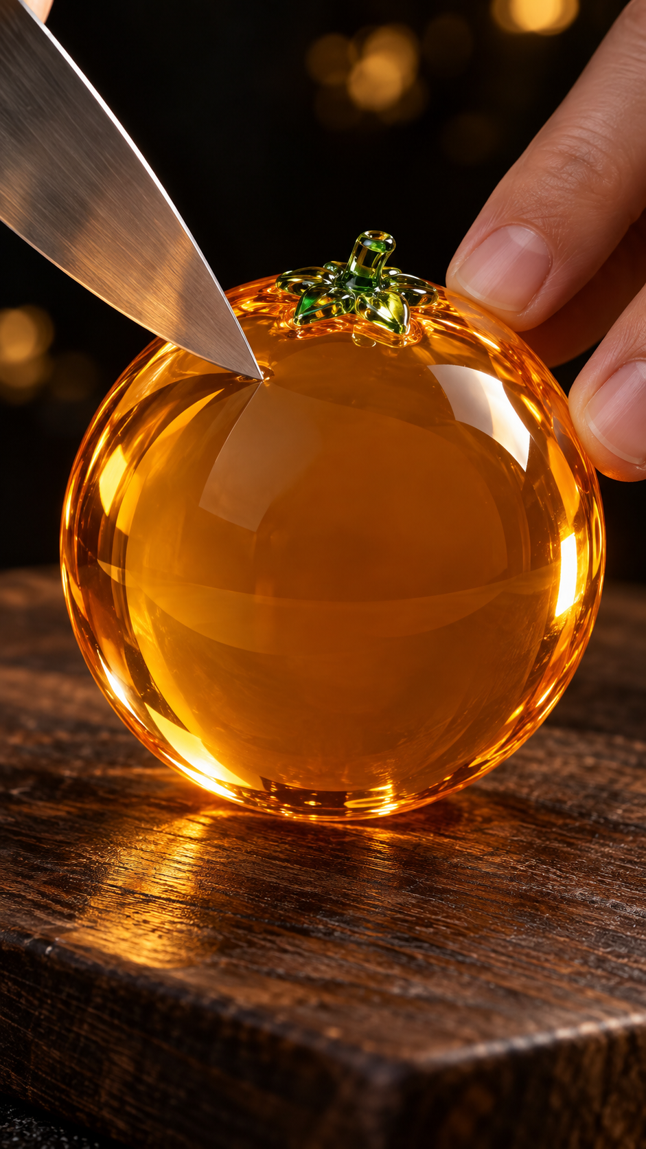 Citrine glass orange before the cut, with knife and hand in frame